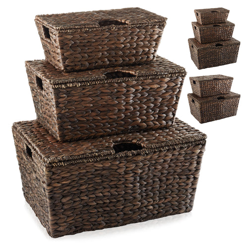 Water Hyacinth Storage Baskets with Lids and Tapered Bottoms